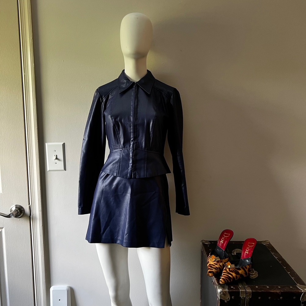 Vintage Y2K 2 Piece Skirt Suit 9 Navy Zip Jacket Office Siren
